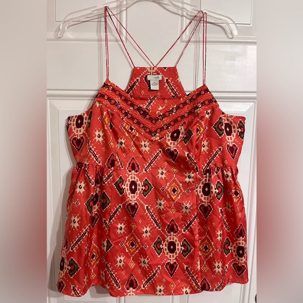 Odille Anthropologie 100% Silk Coral Ikat Print Camisole Embroidered Top Size 12